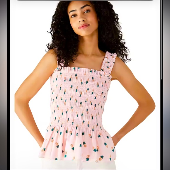 kate spade Tops - KATE SPADE pink smocked pineapple print top summer Fruit Print Flattering Peplum